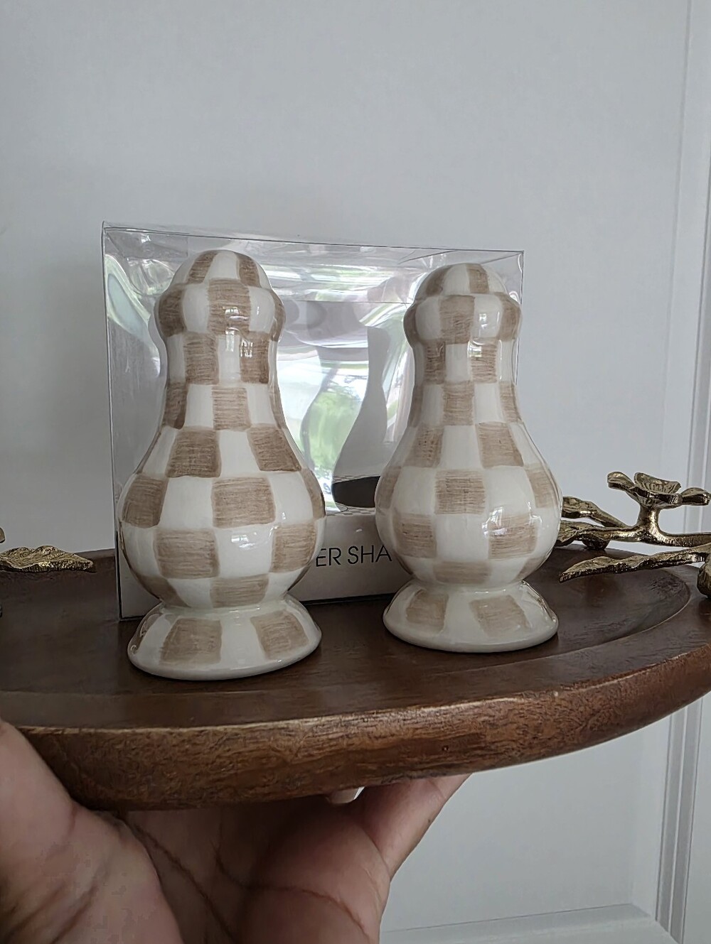 Ceramic Checkered Salt and Pepper Shakers - Beige and White